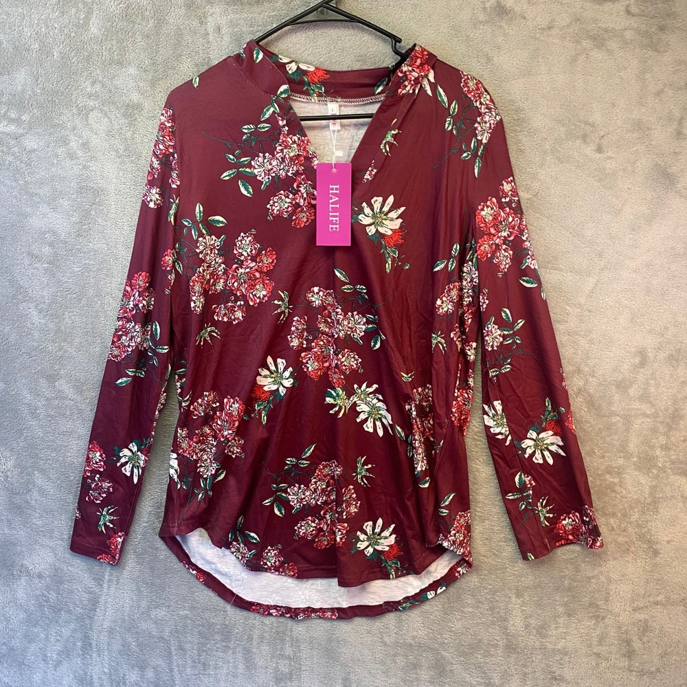 Halife Womens Floral V-Neck Long Sleeve Blouse Burgundy Red Size L